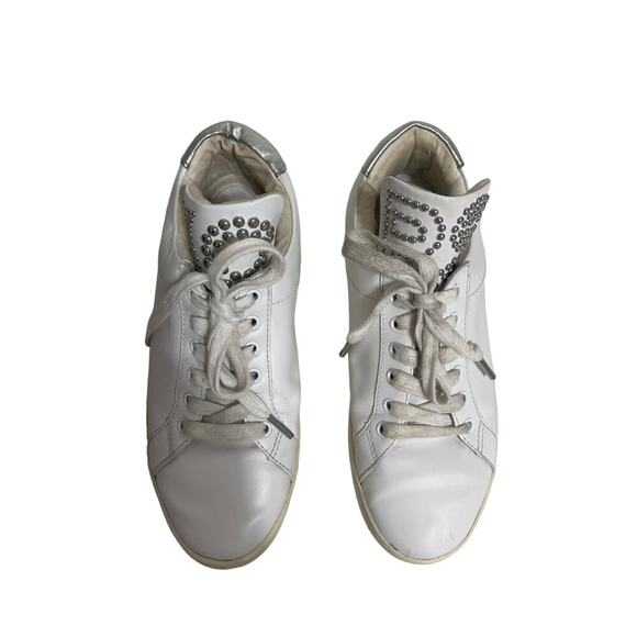 Michael Michael Kors Mindy Lace Up Leather Studded Logo White Sneakers Silver - Picture 3 of 8